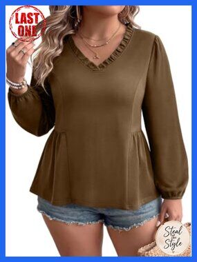Plus Size Peplum Babydoll Blouse Ruffle V Neck Long Sleeve Knit Office Top